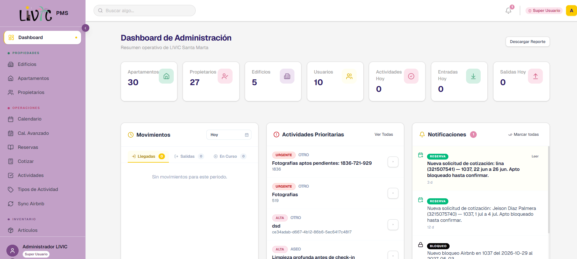 Vista del calendario operativo de APL Livic PMS